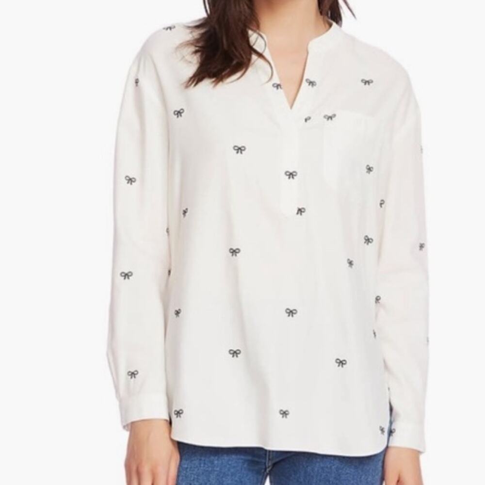 NWT Court & Row Bow Print Embroidered Long Sleeve Shirt White Navy Size Large